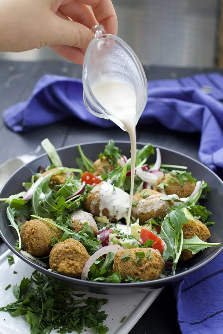 Quinoa Falafel salad with tahini dressing