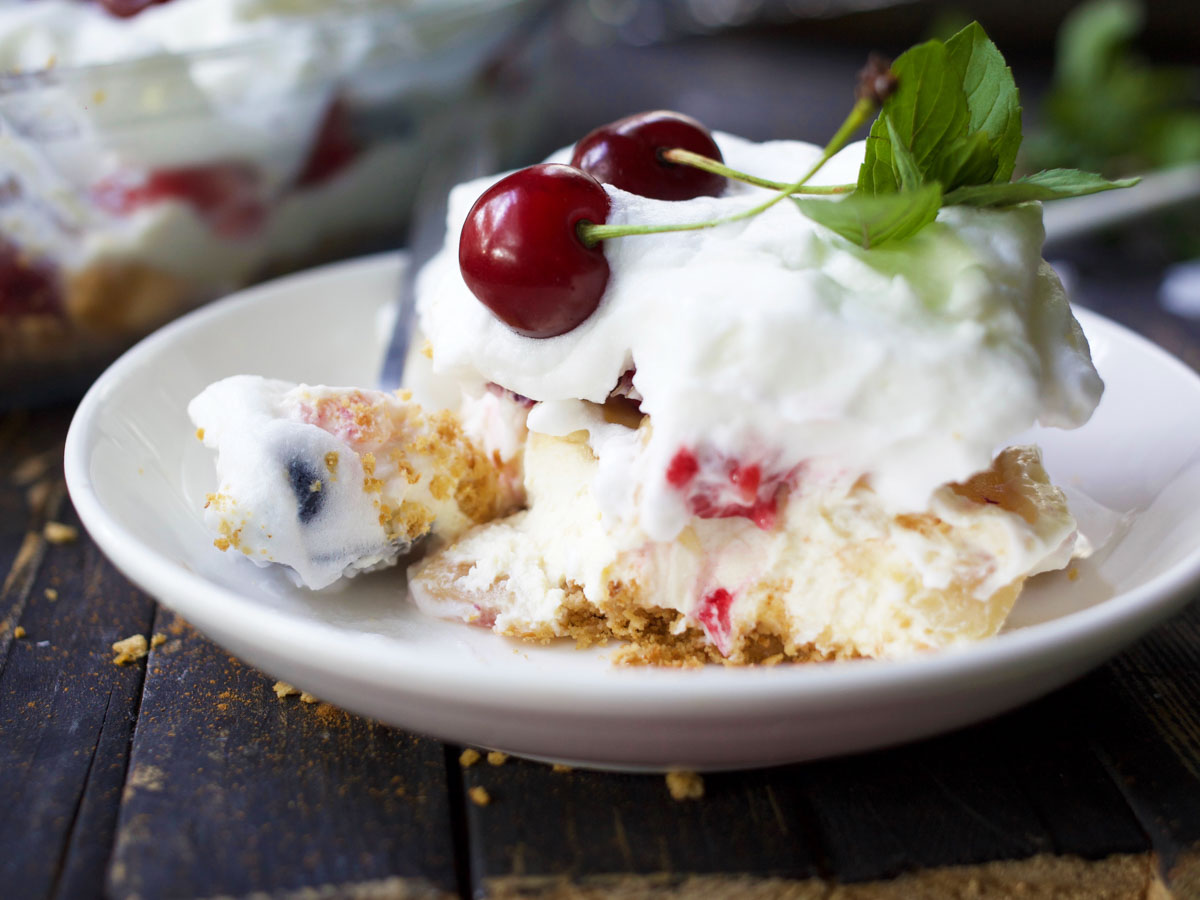 Vegan Banana Split Pie slice on plate