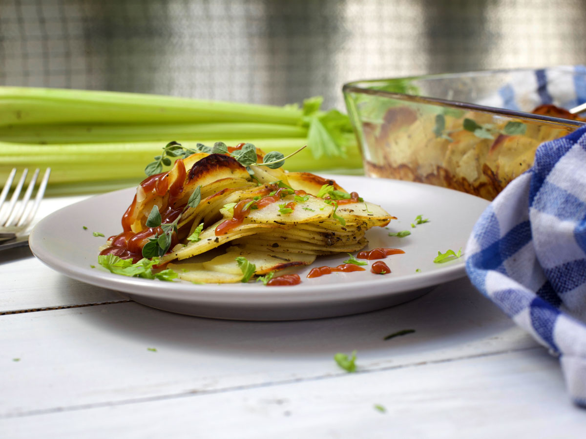 Hasselback Casserole serving on plate