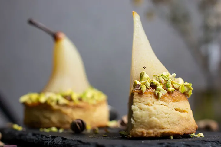 Poached Pears with Vanilla-Pistachio Blondie
