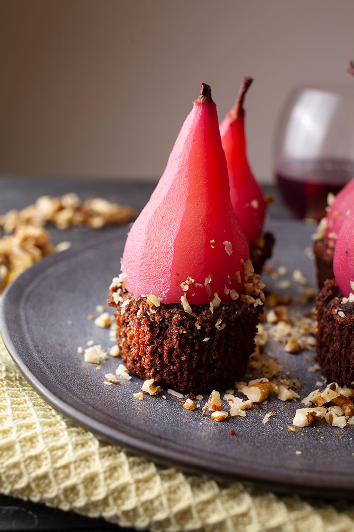 Red Wine poached pears with brownie