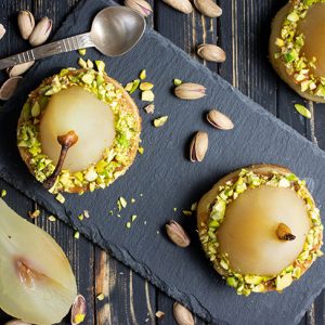 White Wine Poached Pears with Vanilla-Pistachio Blondie