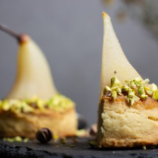 Poached Pears with Vanilla-Pistachio Blondie