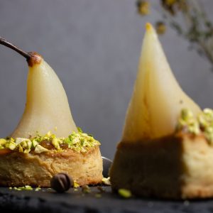 White Wine Poached Pears with Vanilla-Pistachio Blondie Recipe