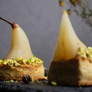 White Wine Poached Pears with Vanilla-Pistachio Blondie Recipe