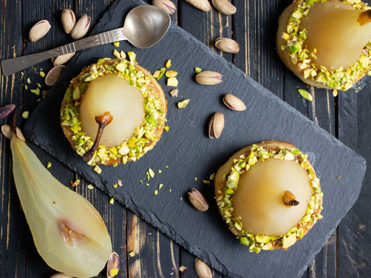 White Wine Poached Pears with Vanilla-Pistachio Blondie