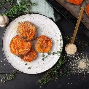 Garlicky Smashed Sweet Potatoes Vegan