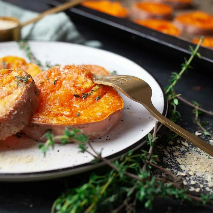 Garlicky Smashed Sweet Potatoes Vegan Side Dish