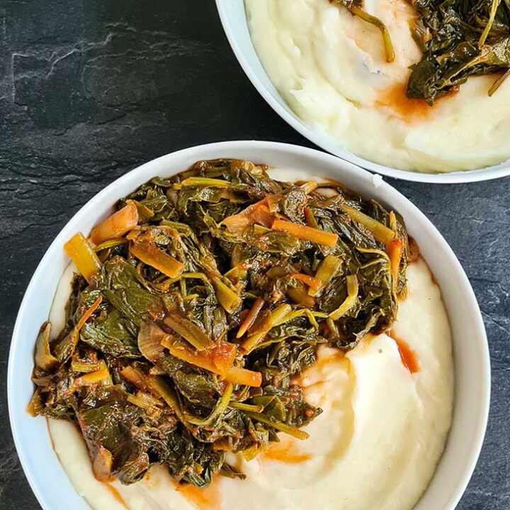 collard greens stew with mashed potatoes stufat