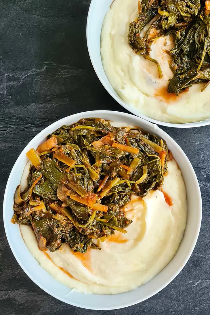 collard greens stew with mashed potatoes