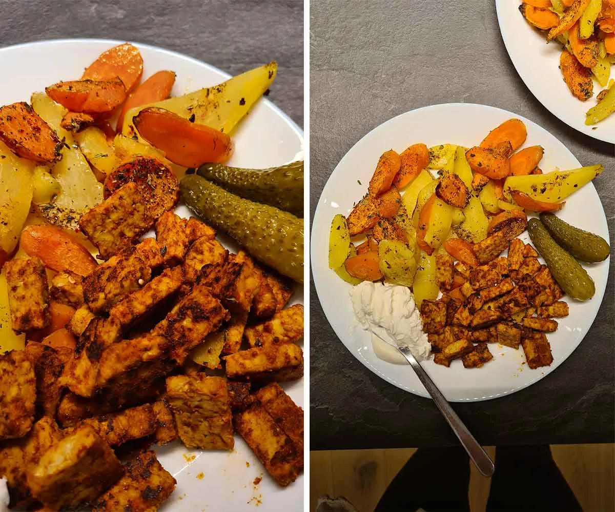 baked potatoes and carrots with tempeh