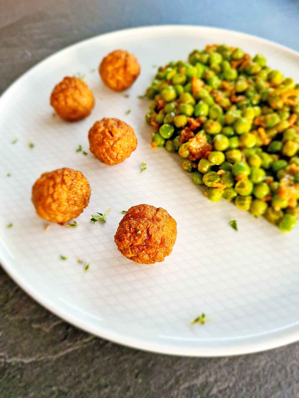 Creamy Green Peas with Fried Onions with veggie balls