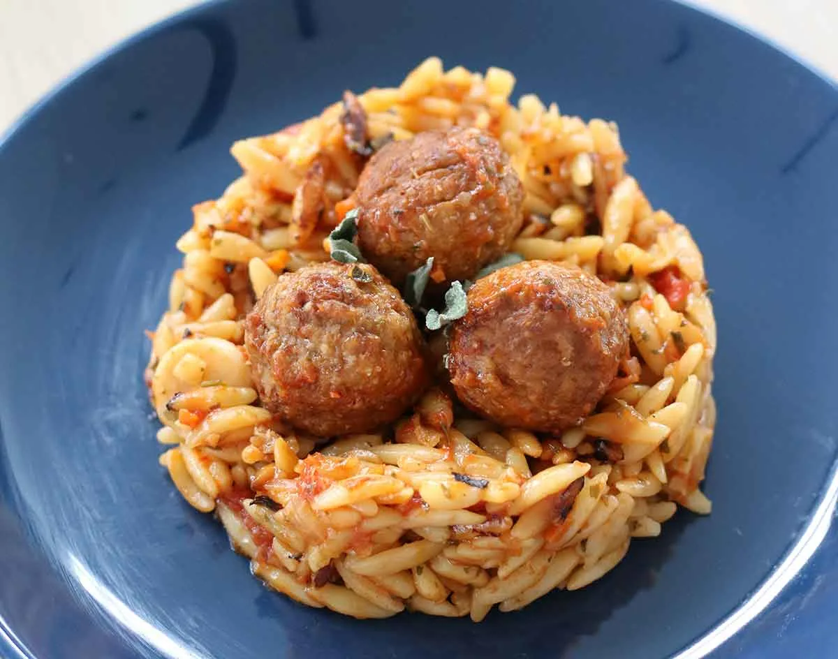 vegan orzo with veggie balls