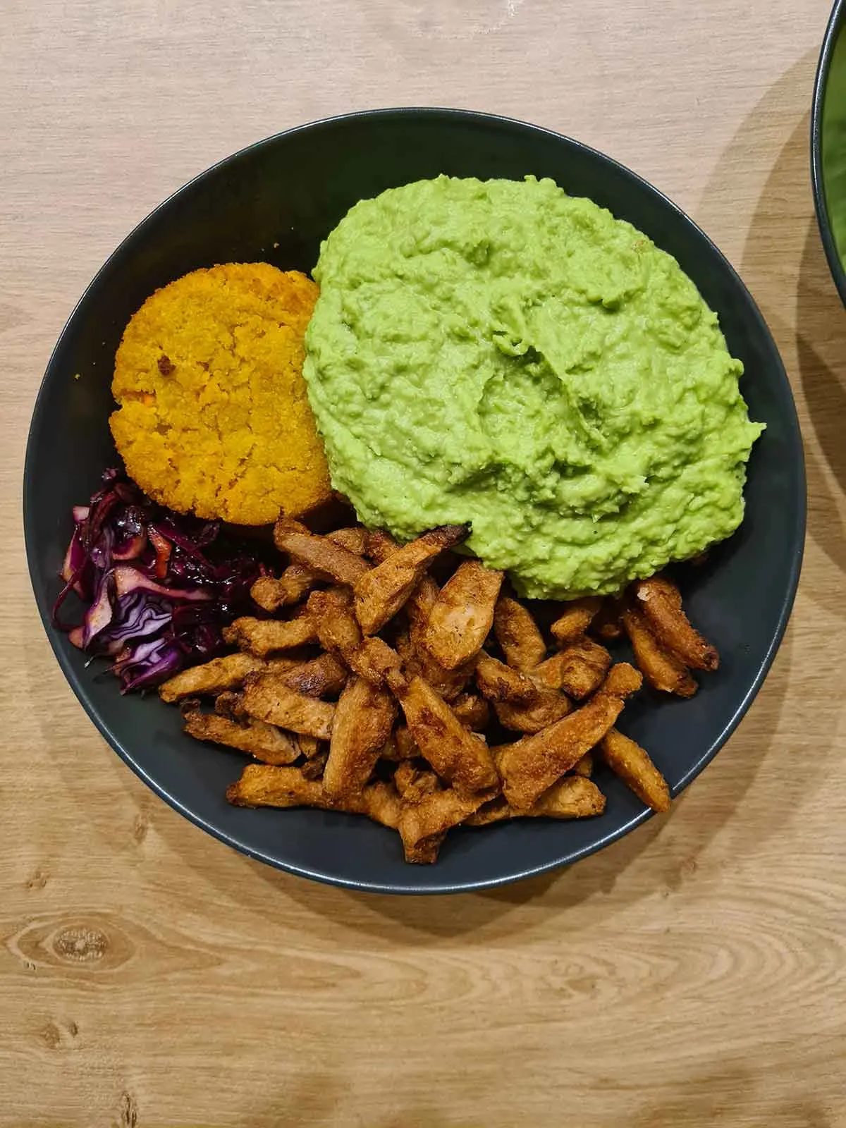 green peas puree with tempeh and veggie patty piure de mazare cu tempeh