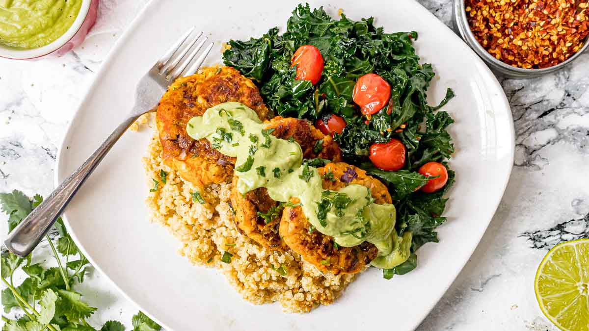 Sweet Potato Patties with Chickpeas and Creamy Avocado Sauce