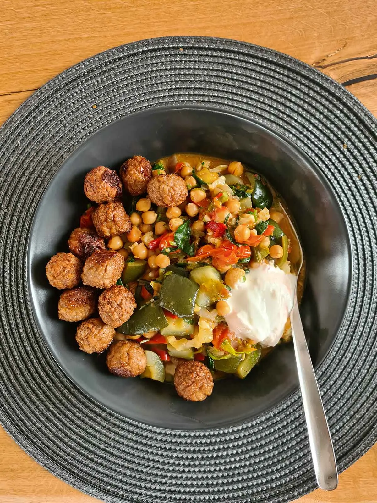 dinner veggie balls with ratatouille vegetables and chickpeas