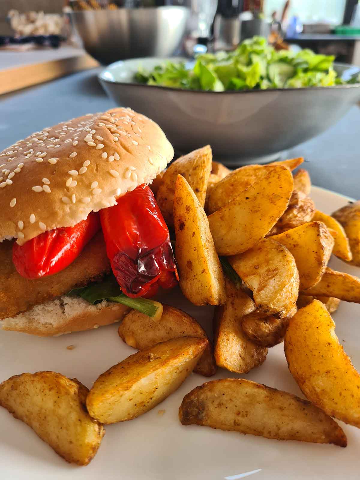 lunch vegan schnitzel burger with potatoes