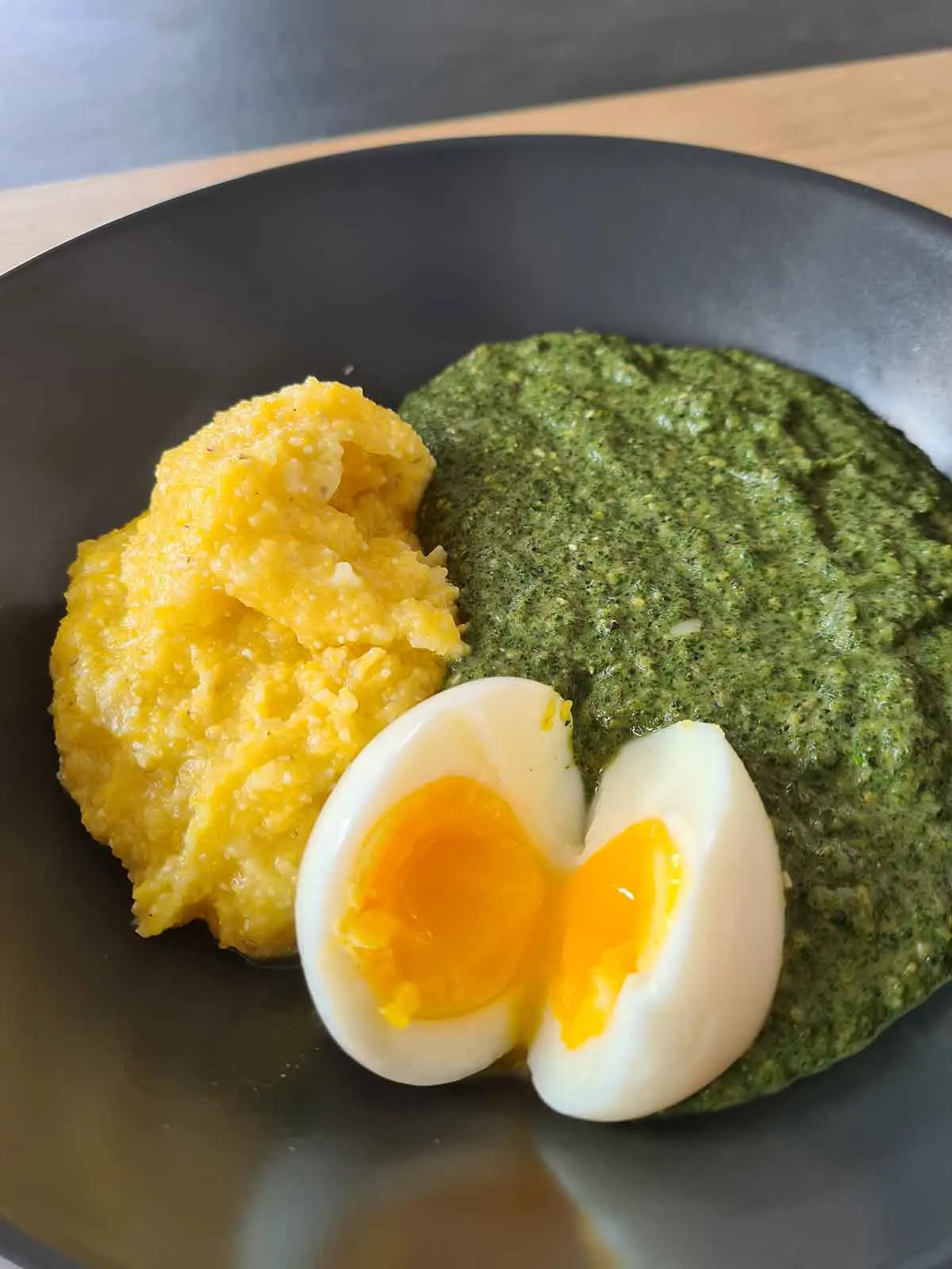 Spinach puree with boiled egg and polenta mamaliga cu crema de spanac si ou fiert