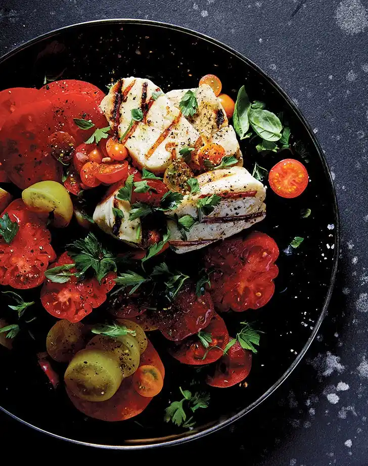 Tomato Salad with Grilled Halloumi and Herbs