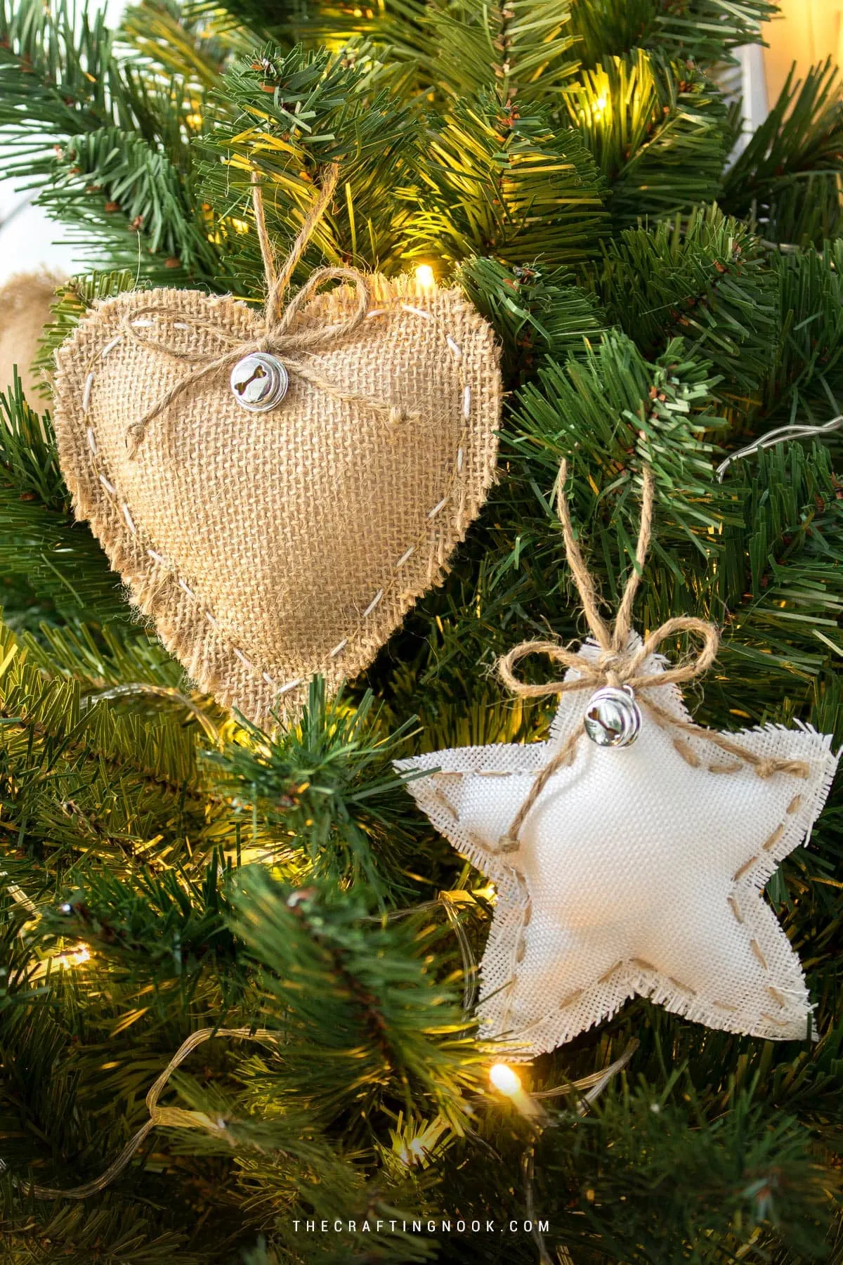 DIY Rustic Hearts and Stars Burlap Christmas Ornaments 