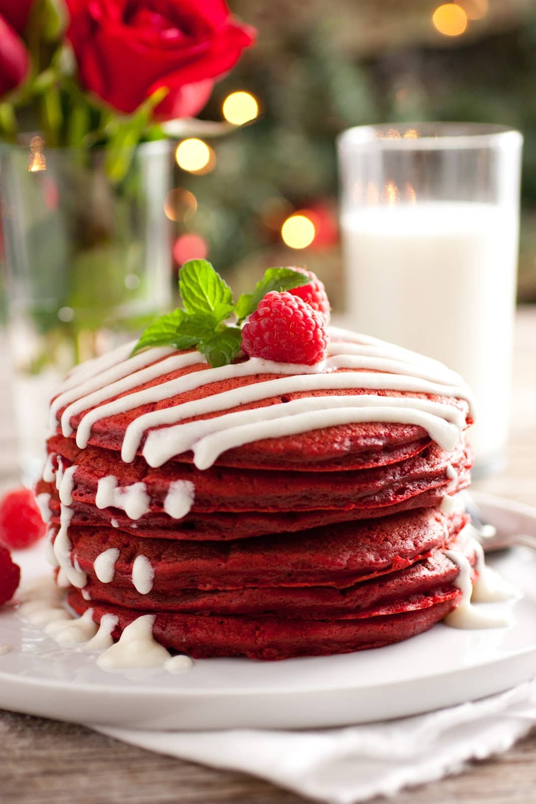 Red Velvet Pancakes with Cream Cheese Glaze 