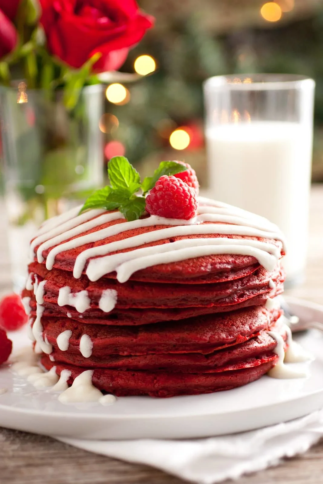 Red Velvet Pancakes with Cream Cheese Glaze 