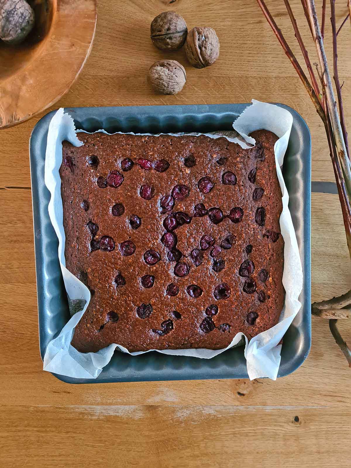 High-Protein Oatmeal Brownie with Sour Cherries tray