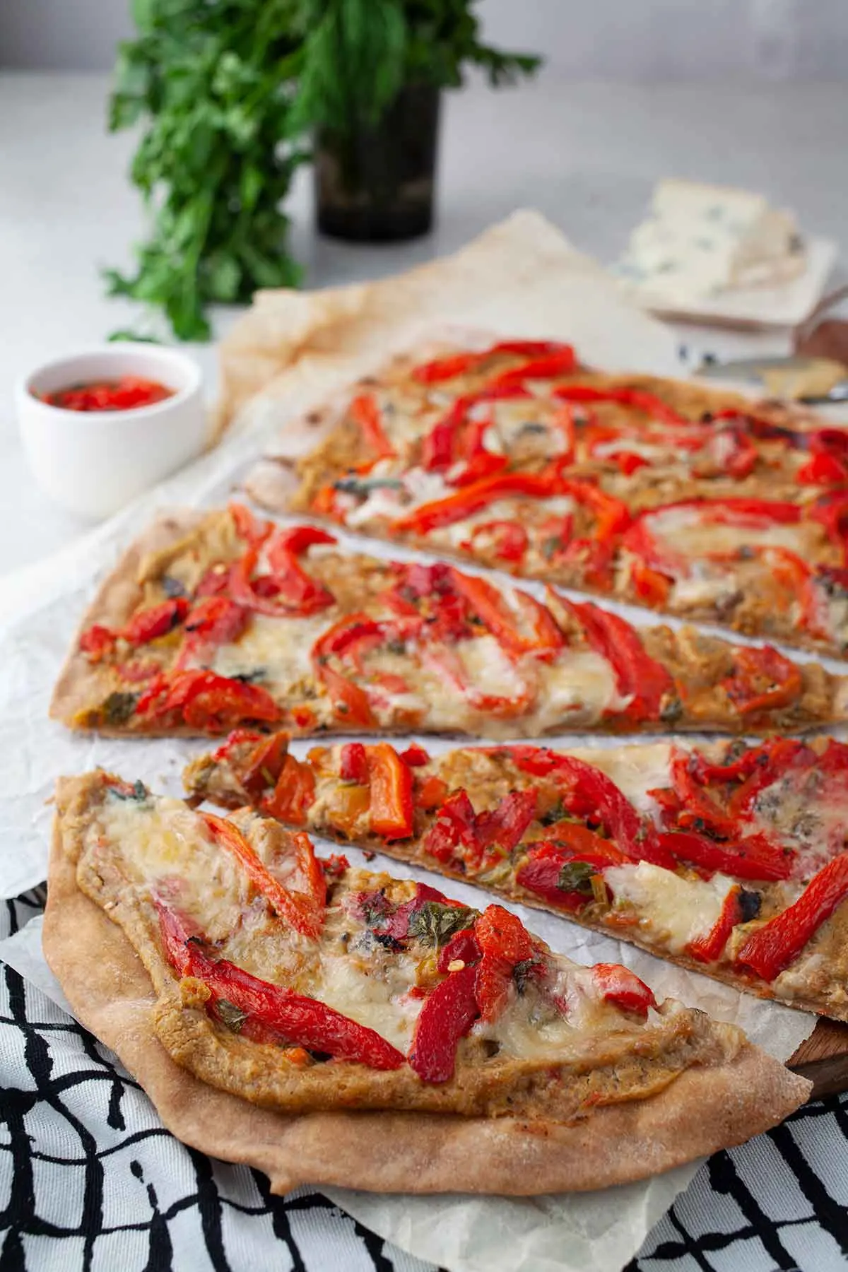 Hummus Flatbread baked pizza