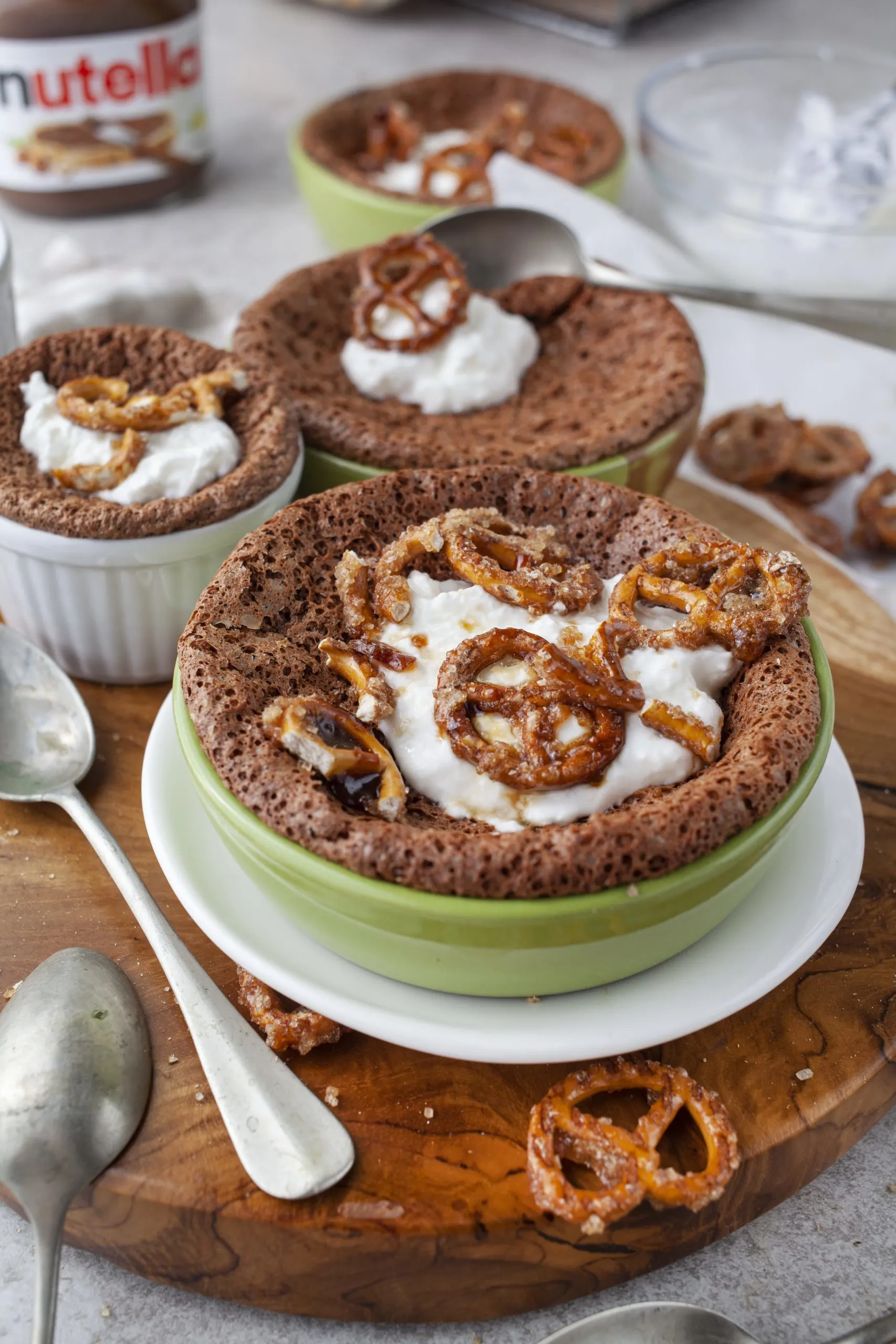 Nutella pudding with salty pretzels recipe
