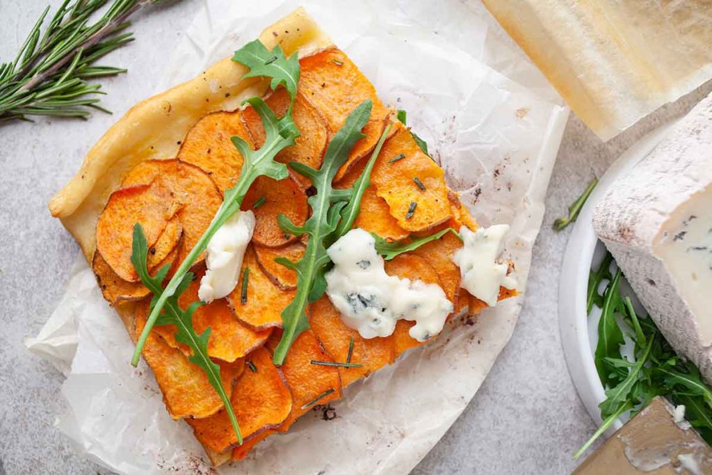 Sweet potato pizza with blue cheese slice