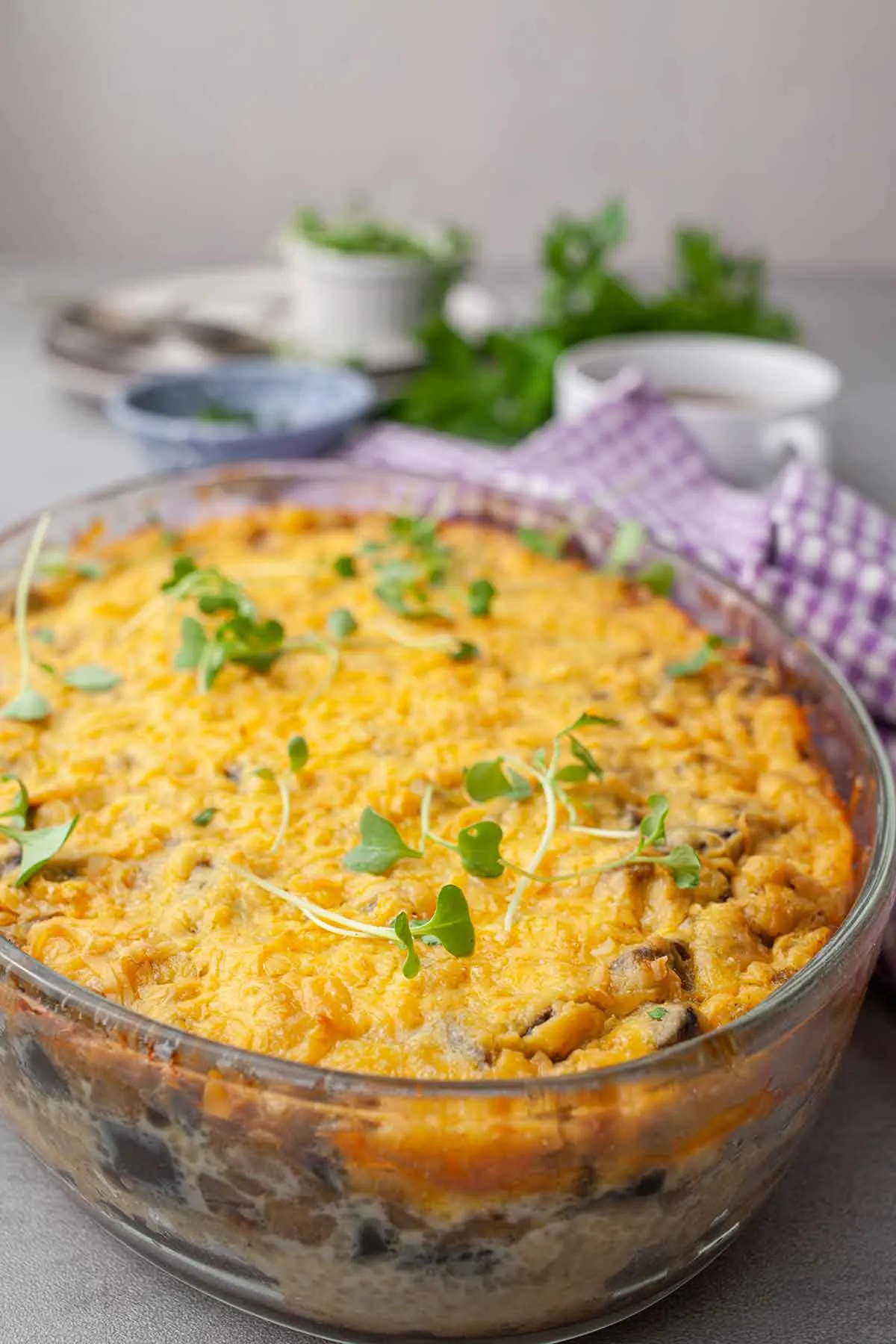 Breakfast casserole with hash browns and mushrooms