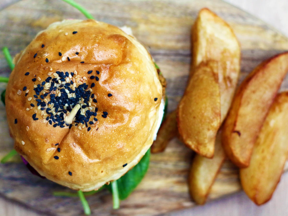 Crispy chickpea falafel patty in a burger bun