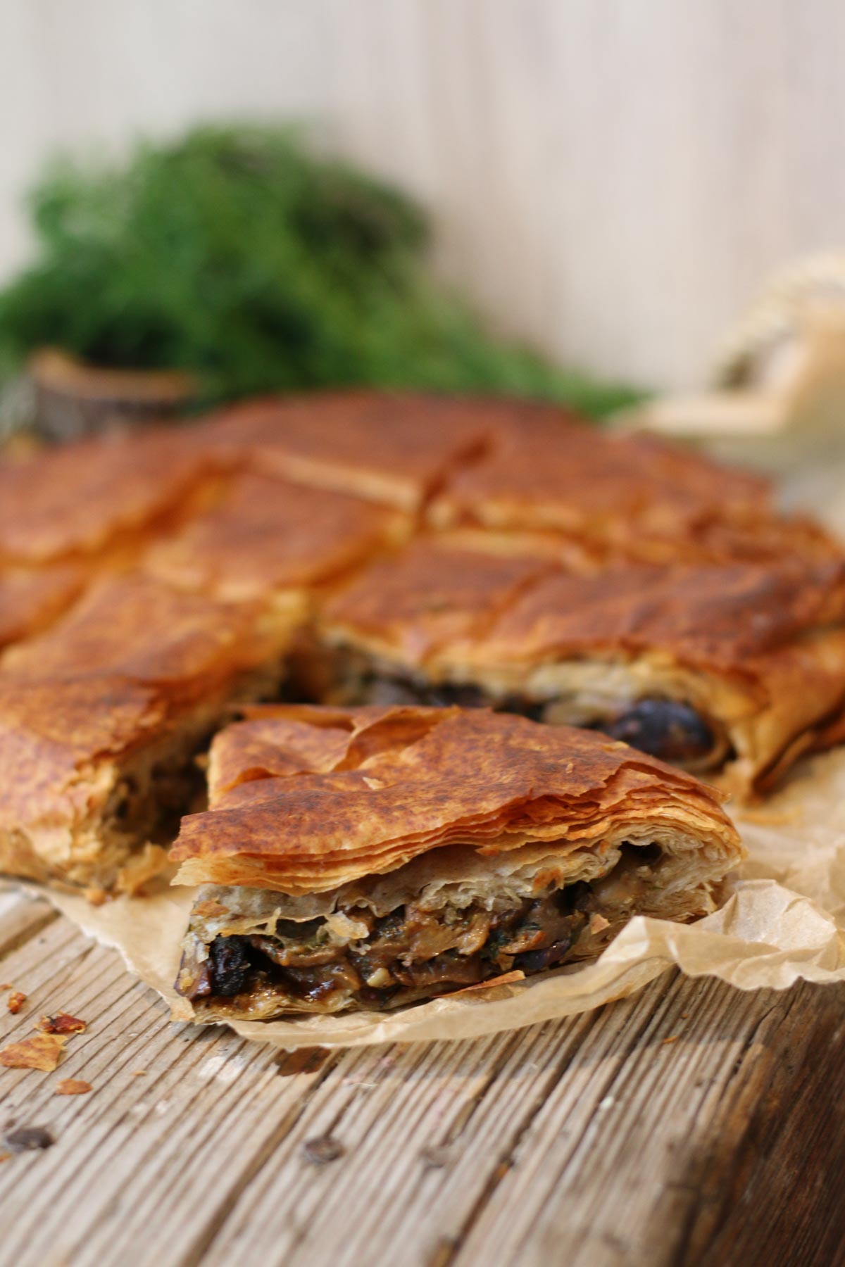 Golden rustic mushroom filo pie fresh from the oven