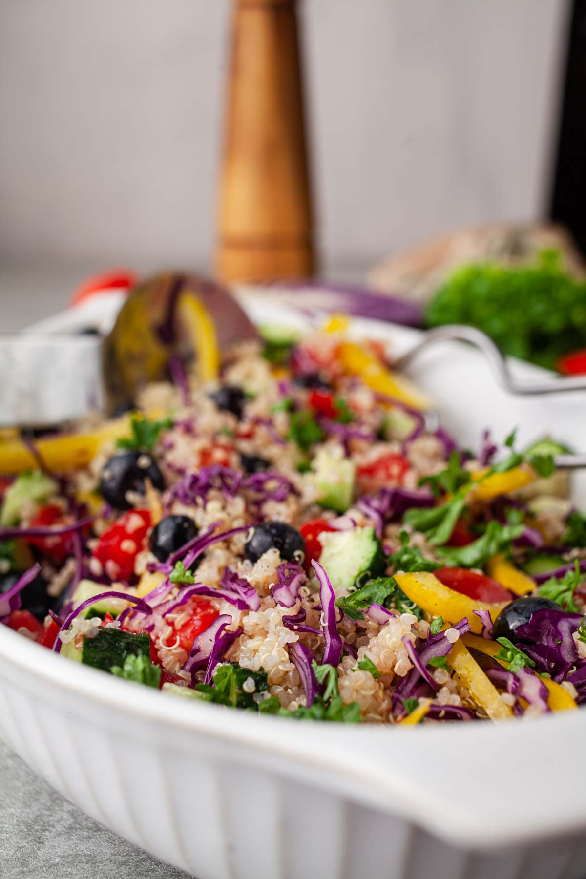A bowl of rainbow quinoa salad ready to serve