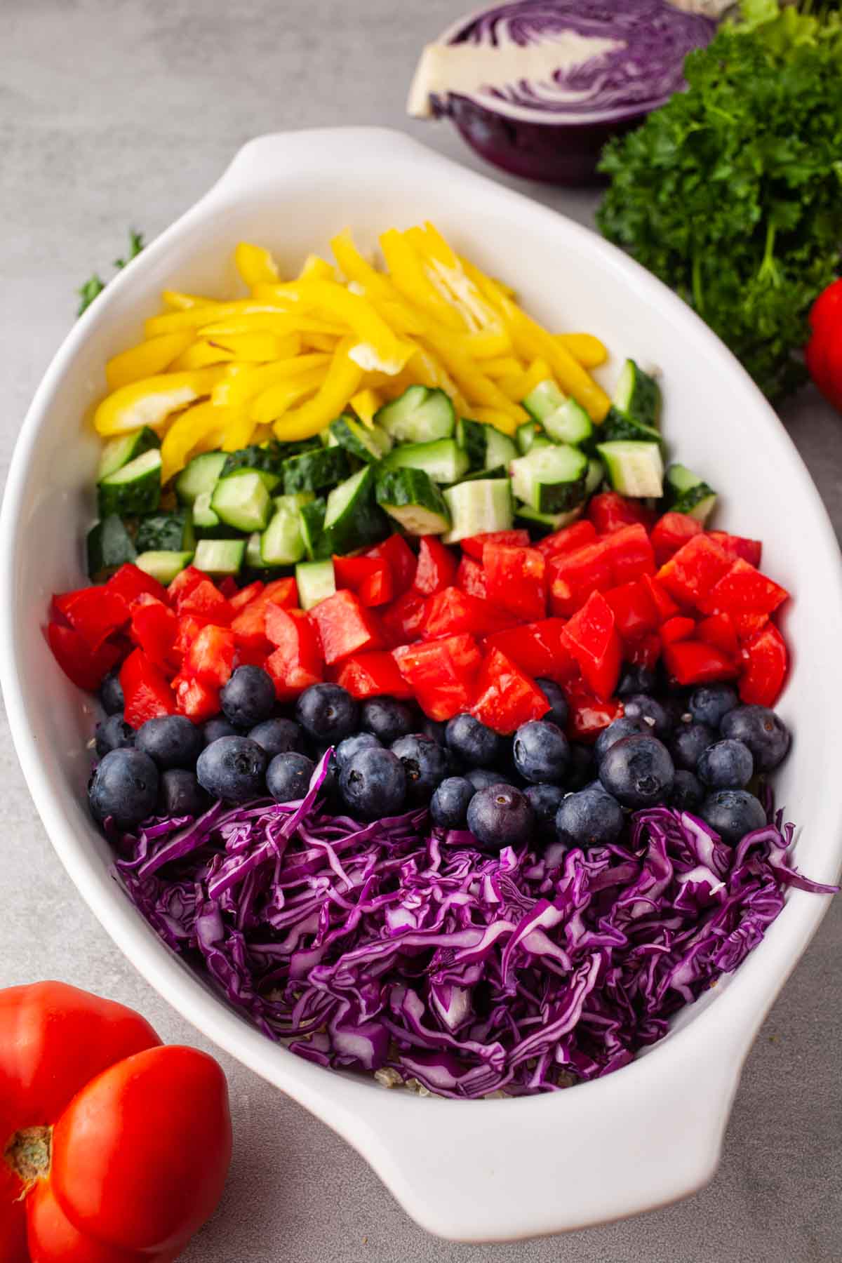 Rainbow quinoa salad topped with fresh blueberries