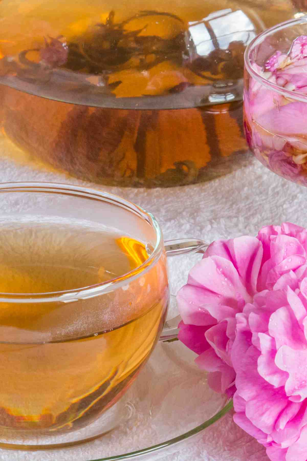 rewing rose petal tea in a cup