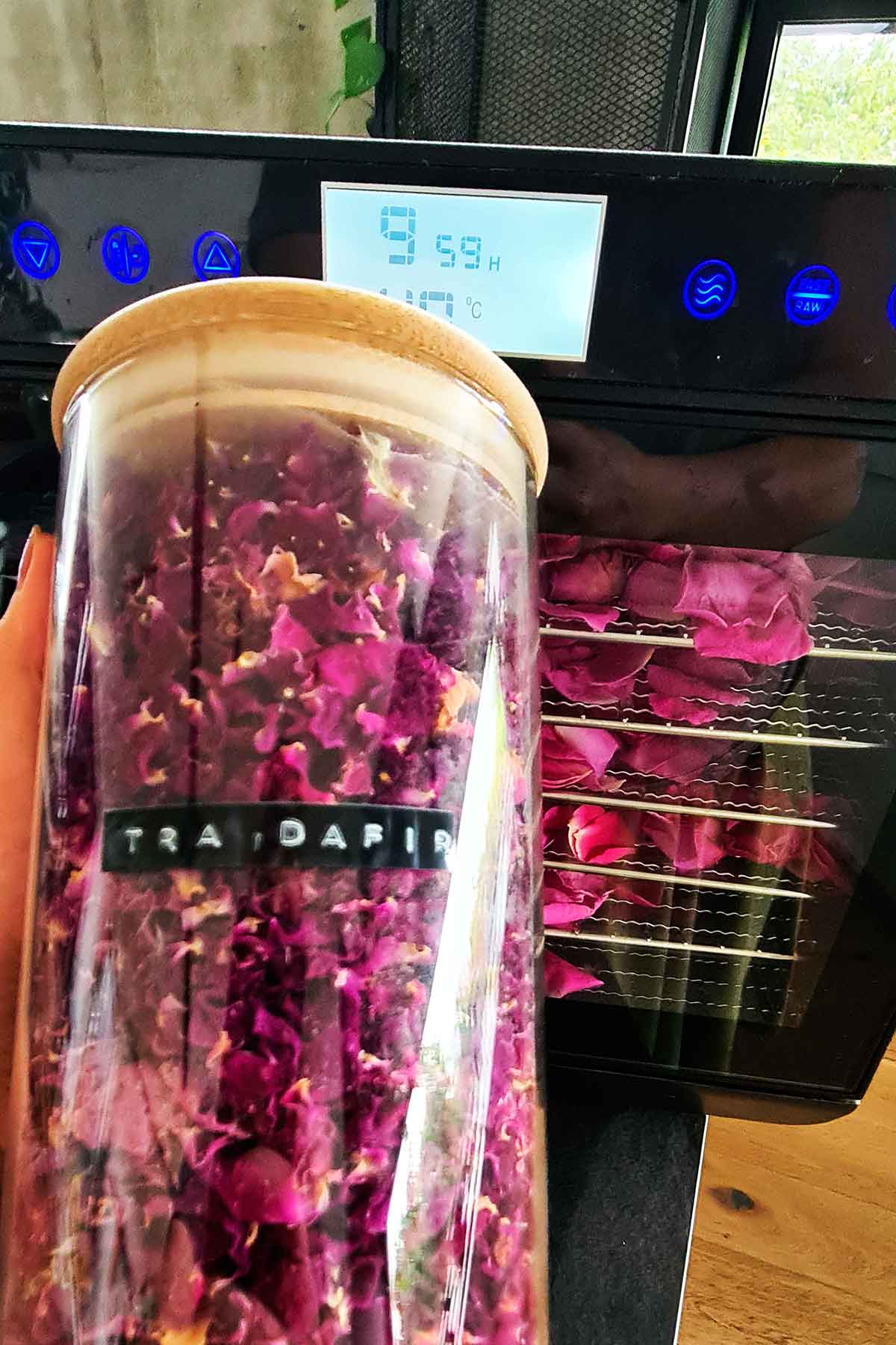 Dried rose petals stored in a jar for tea