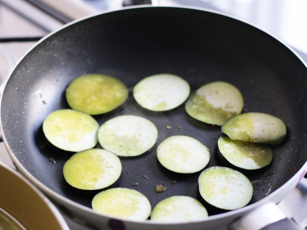 Eggplant slices pan-fried for stovetop pizza