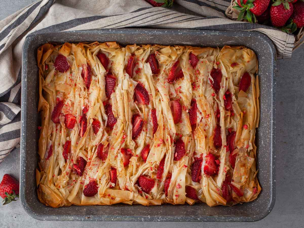 Golden crinkled phyllo pie topped with strawberries