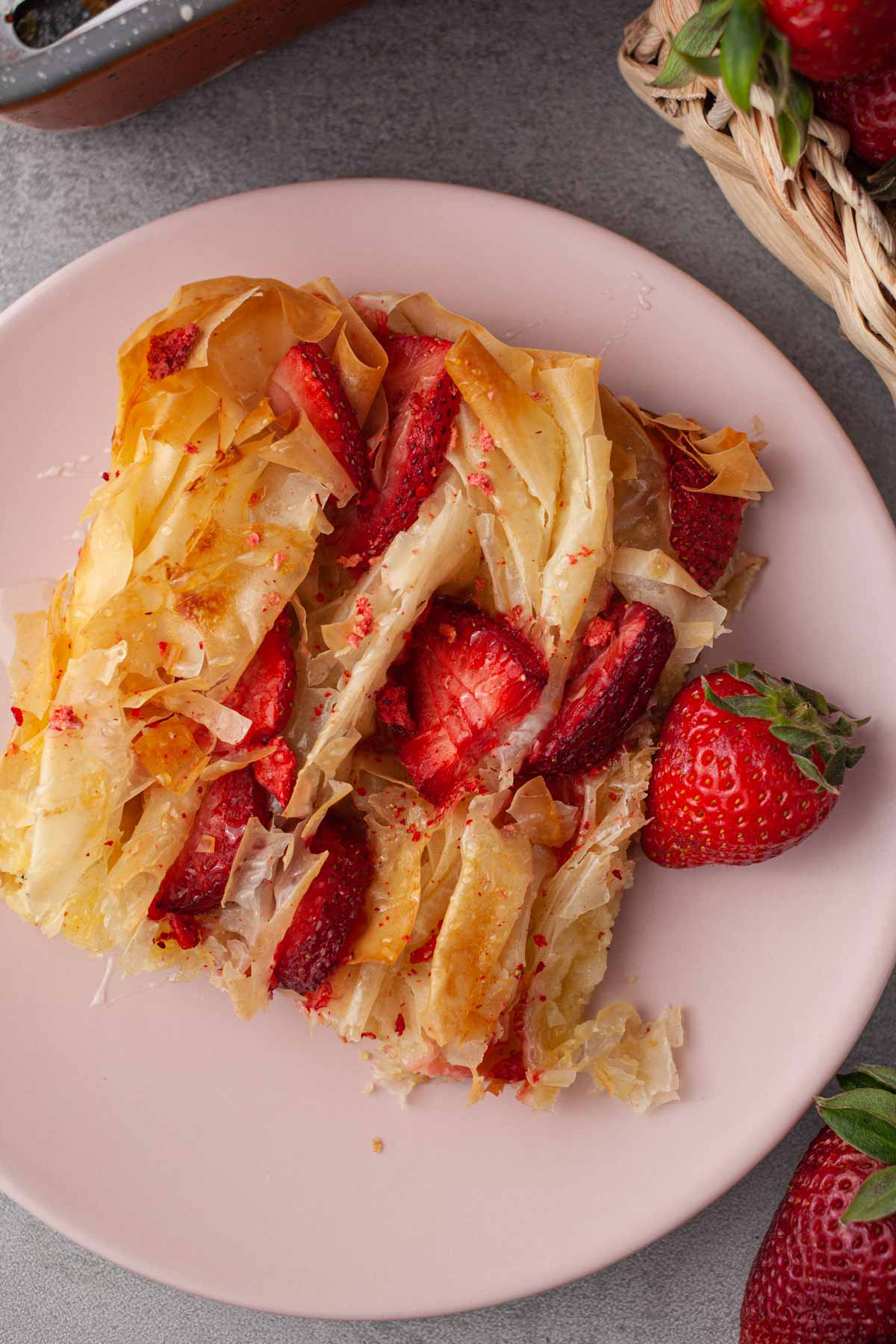 Homemade strawberry phyllo crinkle pie close-up