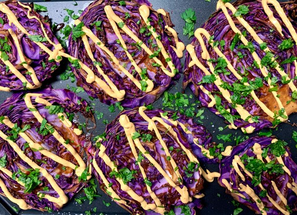 Roasted Red Cabbage Steaks with Red Pepper Tahini
