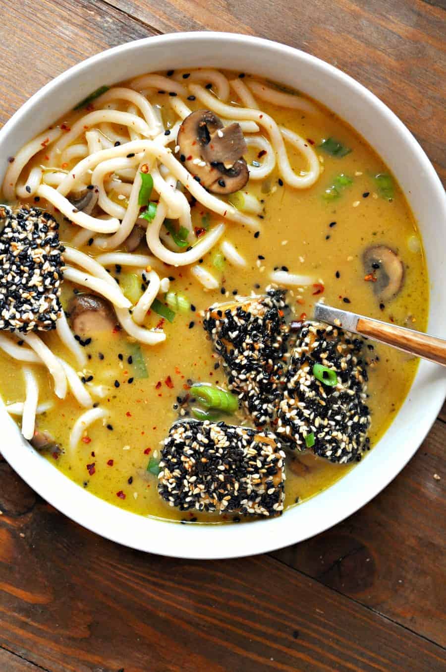Vegan Creamy Miso Noodle Soup with Sesame Tofu
