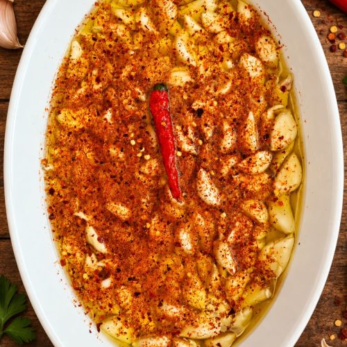 Chili Garlic Confit (Slow-Cooked Caramelized Garlic in Olive Oil)