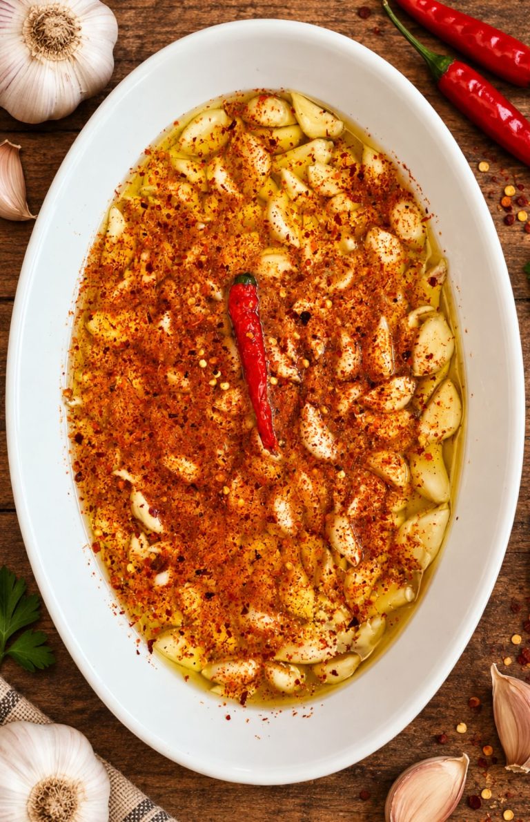Chili Garlic Confit (Slow-Cooked Caramelized Garlic in Olive Oil)