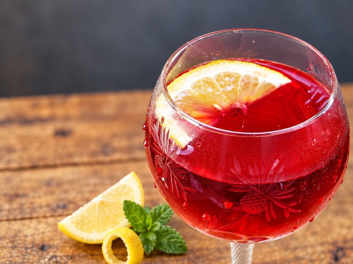 Glass of homemade hibiscus lemonade over ice, garnished with fresh mint and lemon