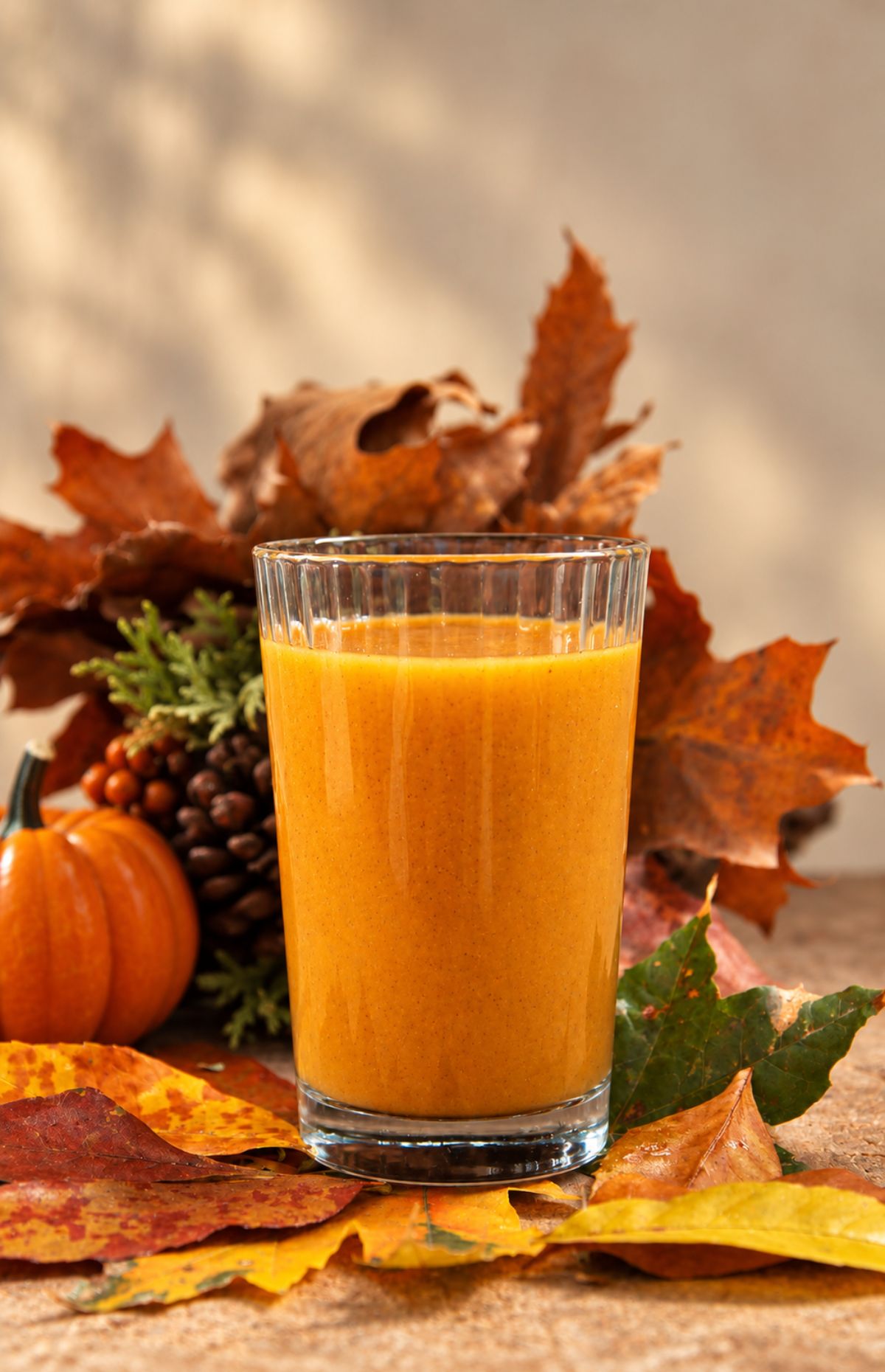Smoothie de dovleac ca de plăcintă, pudrat cu scorțișoară, într-un pahar