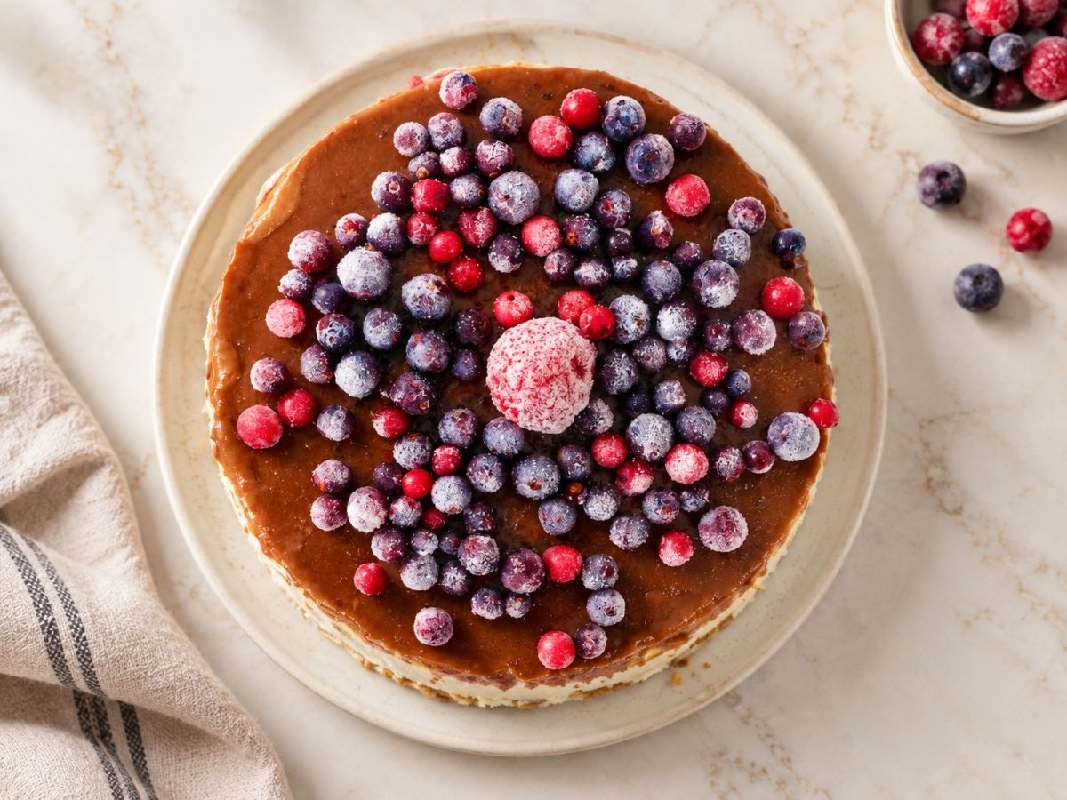 Raw vegan ice cream cake topped with frozen mixed berries