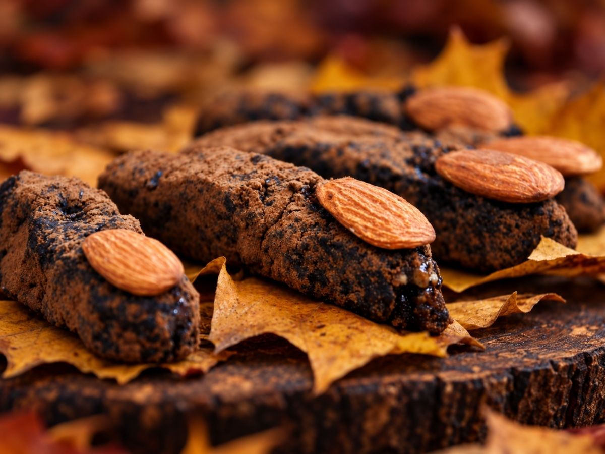 A detailed shot of a witch finger cookie showing a whole almond pressed on as a creepy fingernail with knuckle ridges scored into the dough