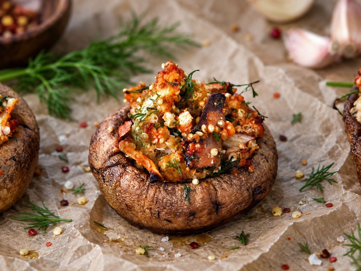 Baked quinoa and tofu stuffed mushrooms garnished with fresh dill