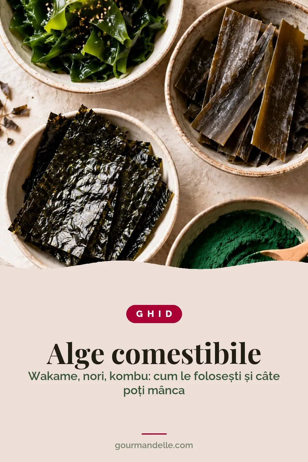 Copertă de ghid Gourmandelle: alge comestibile, cu boluri de wakame, kombu, nori și spirulină, și titlul „Alge comestibile”.